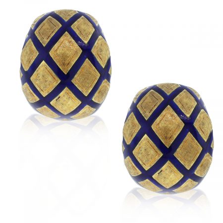 Check out these 18kt Textured Yellow Gold Blue Enamel Earrings