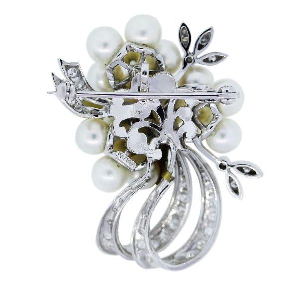 White Gold Diamonds and Pearls Pin