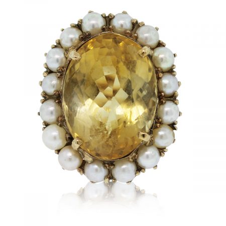 Check out this gorgeous 14k Yellow Gold Citrine and Pearl Floral Cluster Ring