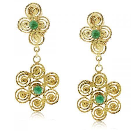 These 14kt Hammered Gold Spiral Floral Emerald Cabochon Dangle Earrings are beautiful!