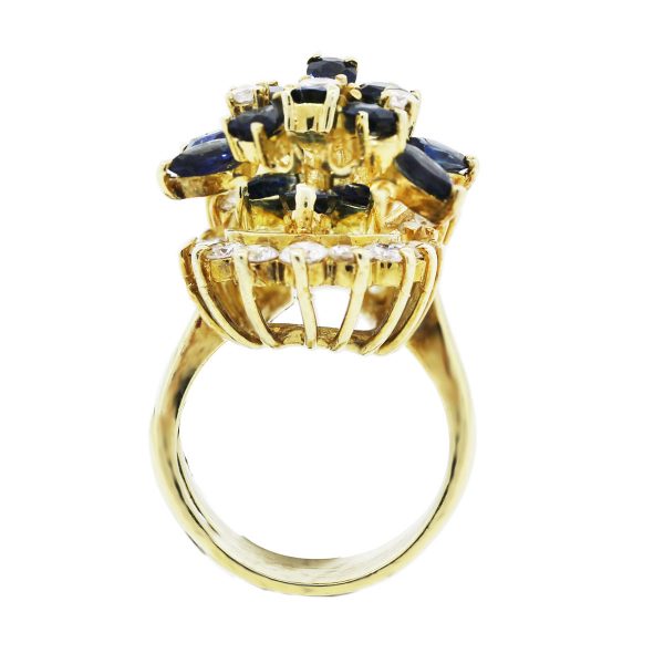 18K Yellow Gold and Diamond With Sapphire Cocktail Ring