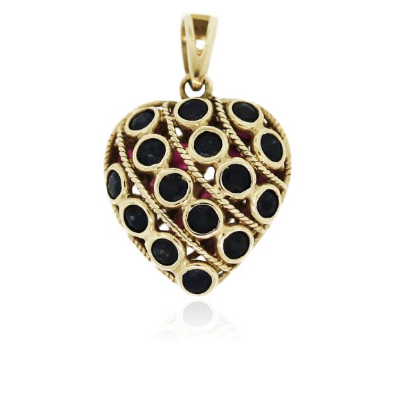 You are viewing this 14K Yellow Gold Sapphire and Ruby Heart Pendant!