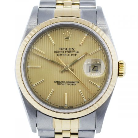 You are viewing this Rolex Datejust 16233 TT Gold Pin Stripe Dial Jubilee Watch!