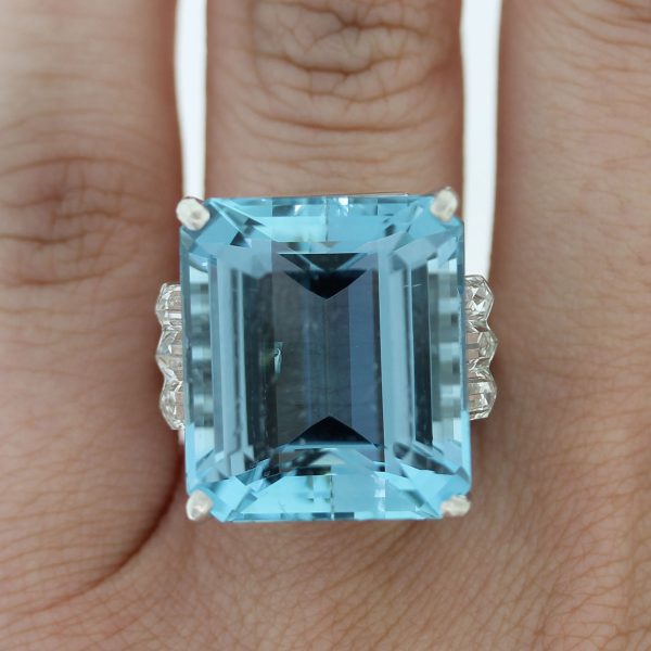 Check out this Platinum 23.77ct Emerald Cut Aquamarine & Bullet Cut Diamond Ring