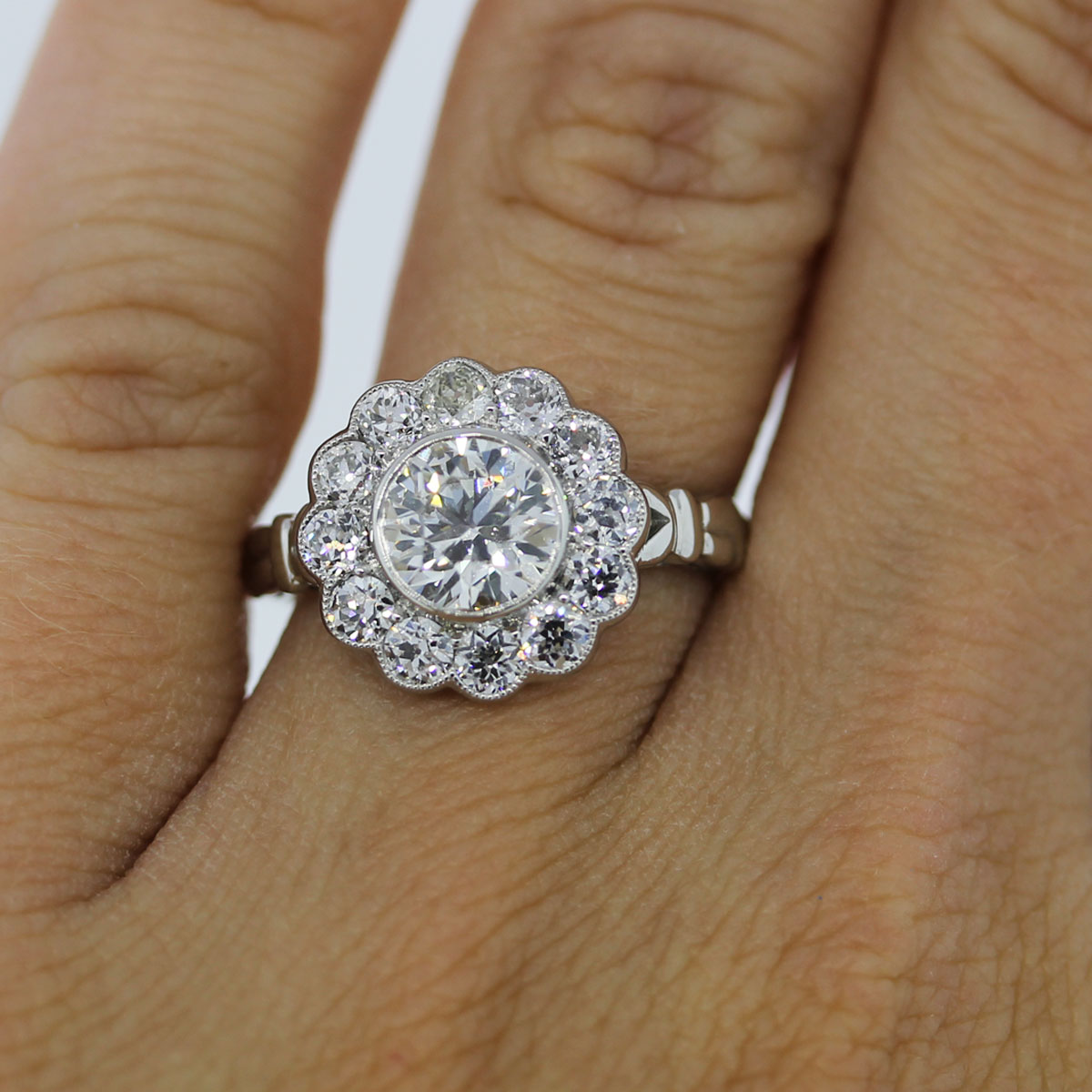 Platinum 1.15ct Old European Cut Diamond Flower Engagement Ring