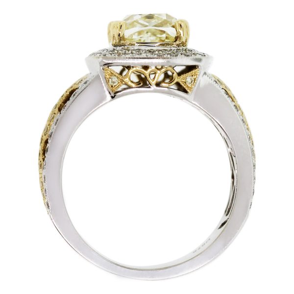 You must see this 18k Two Tone Fancy Yellow Cushion Cut Diamond Engagement Ring