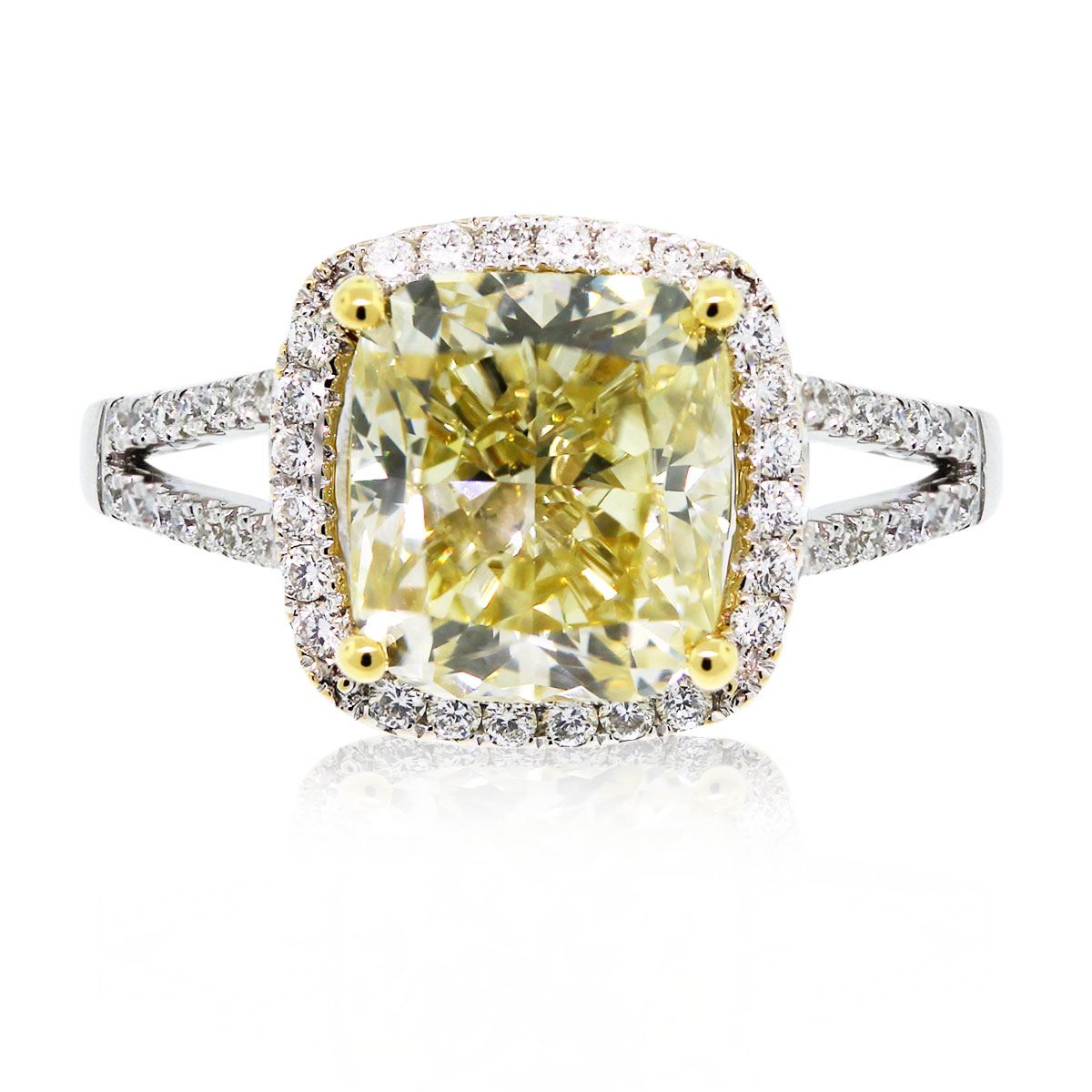 K White Gold Fancy Yellow Cushion Cut Diamond Engagement Ring