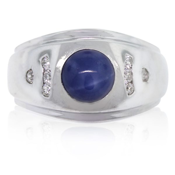 This 14k White Gold Linde Star Sapphire and Diamond Men's Ring is gorgeous