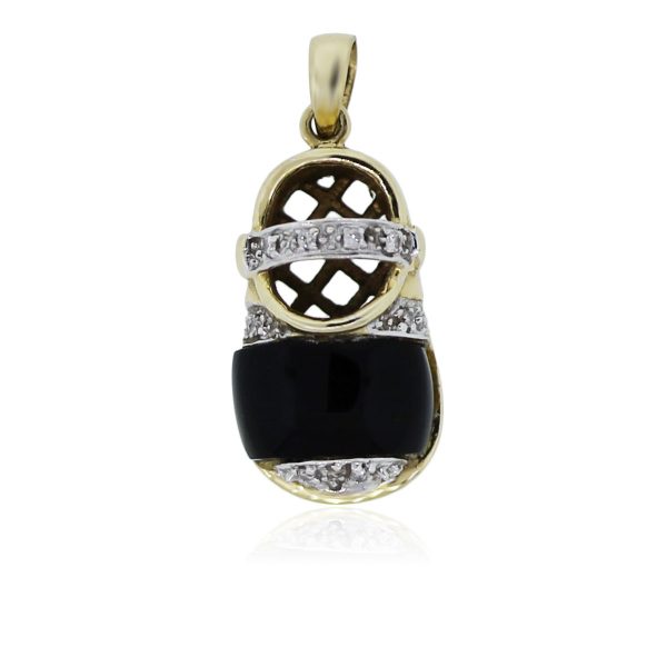 You are viewing this 14k Yellow Gold and Diamonds With Onyx Baby's Shoe Pendant!