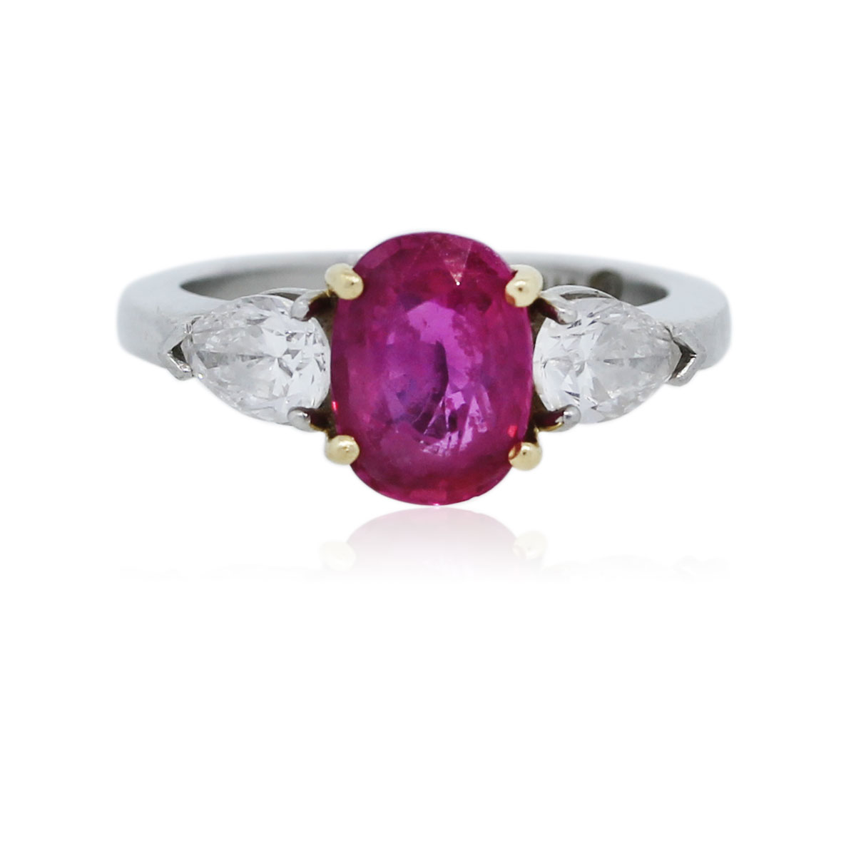 You are viewing this Pink Sapphire and Diamond Platinum 3 Stone Ring!