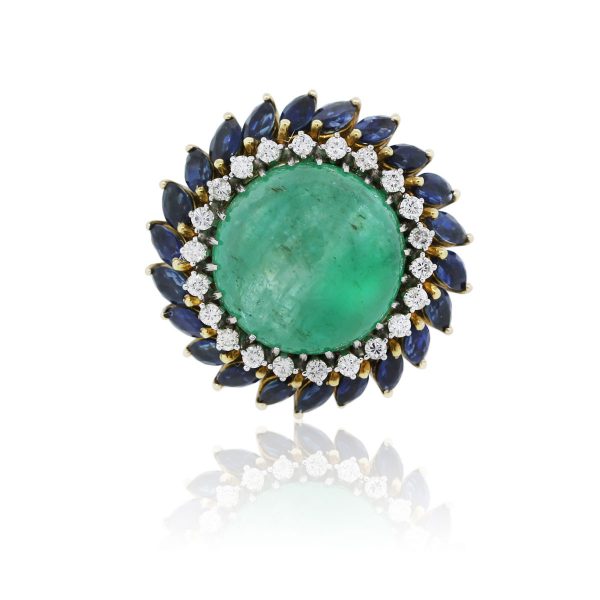 You are viewing this 18k Yellow Gold Cabochon Emerald, Diamond and Sapphire Cocktail Ring!