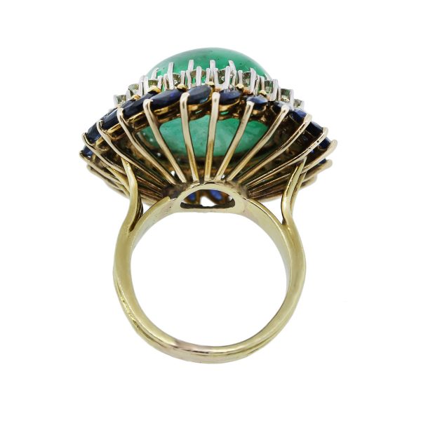Yellow Gold Cabochon Emerald, Diamond and Sapphire Cocktail Ring
