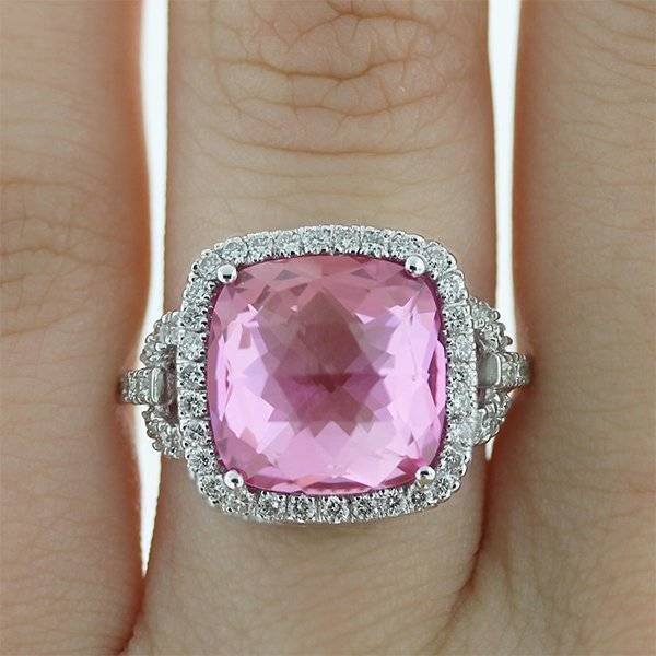 Checkerboard cut topaz pink diamond halo ring
