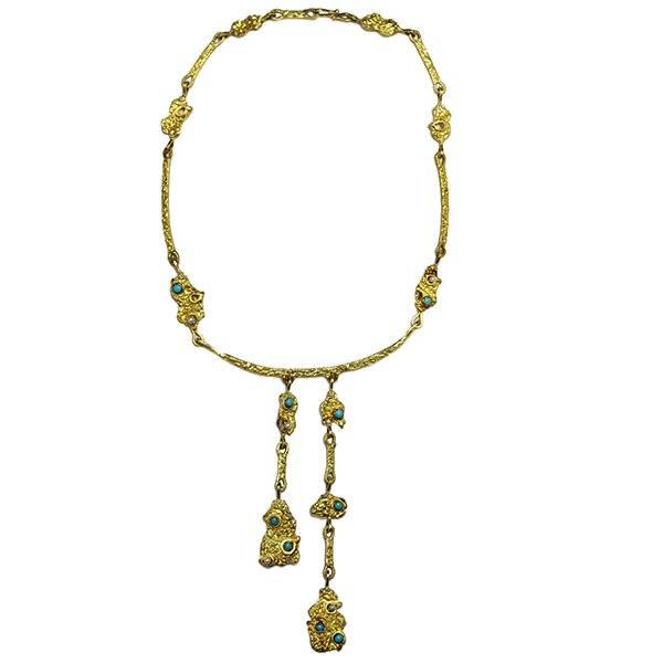 18kt Yellow Gold Turquoise & Pearl Egyptian Style Dangle Necklace