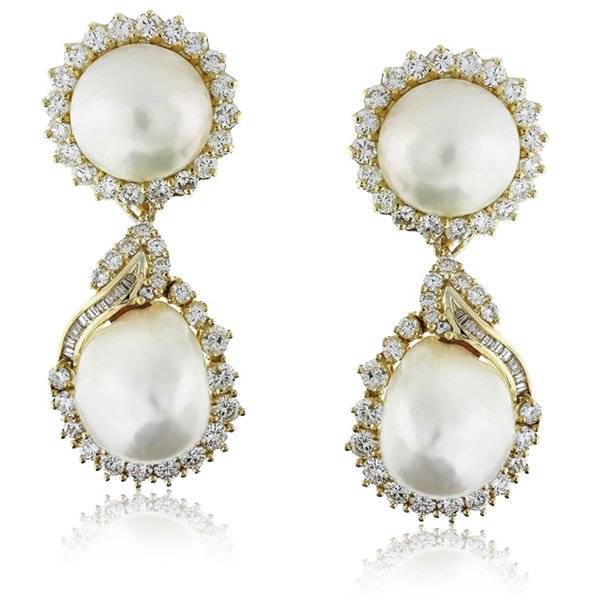 18kt Yellow Gold Round Brilliant Diamond South Sea Pearl Drop Earrings