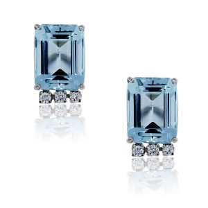 Aquamarine Emerald Cut and Diamond Earrings 