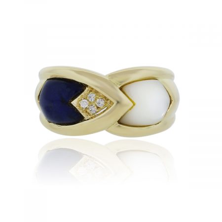 You are viewing this 18k Yellow Gold Mother of Pearl Lapis Diamond Cocktail Ring!