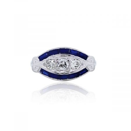 You are viewing this 18k White Gold Three Stone Diamond Sapphire Ring!