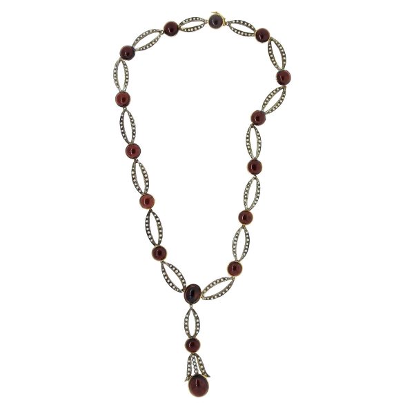 Vintage Yellow Gold Seed Pearl Cabochon Garnet Necklace