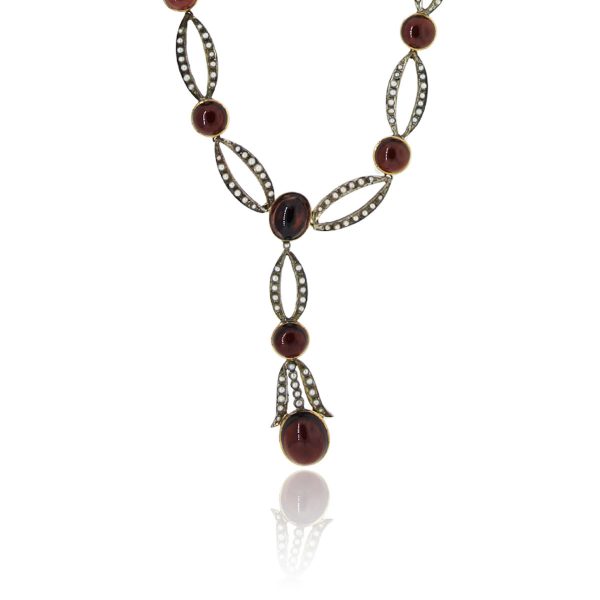 You are viewing this Vintage 18K Yellow Gold Seed Pearl Cabochon Garnet Necklace!