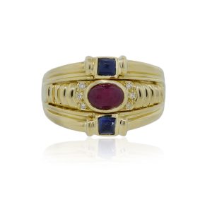You are viewing this 18k Yellow Gold Cabochon Ruby Princess Cut Sapphire Diamond Ring!