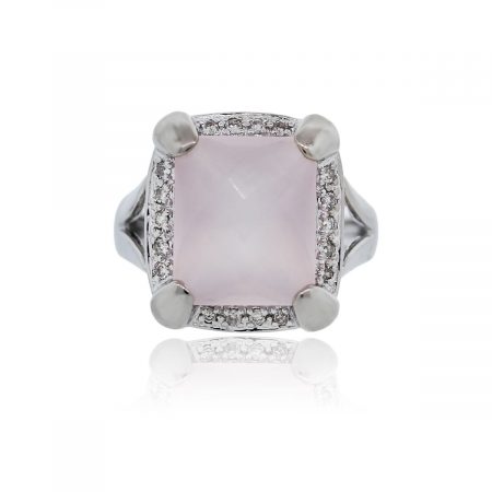 You are viewing this 14K White Gold Checkered Rose Quartz Diamond Cocktail Ring!