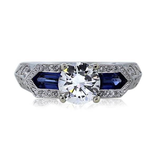 White Gold 0.93ct Round Brilliant Diamond and Sapphire Engagement Ring