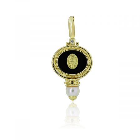 You are viewing this 18k Yellow Gold Black Onyx Pearl Diamond Pendant!