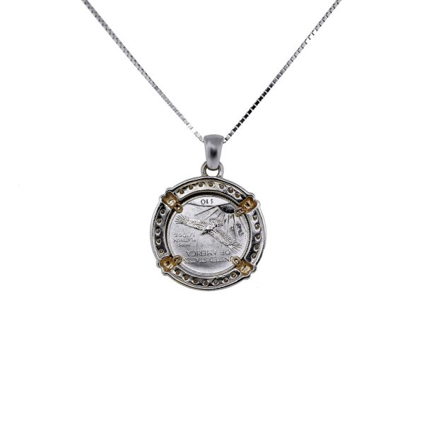 Platinum Statue of Liberty Coin Diamond Pendant on White Gold Necklace