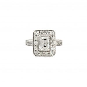 14k White Gold 1.60ctw Emerald Cut Diamond Halo Engagement Ring