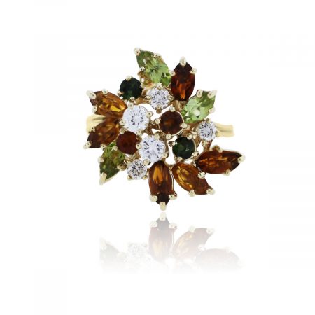 You are viewing this 14k Yellow Gold Diamond and Semi Precious Gemstone Cluster Cocktail Ring!