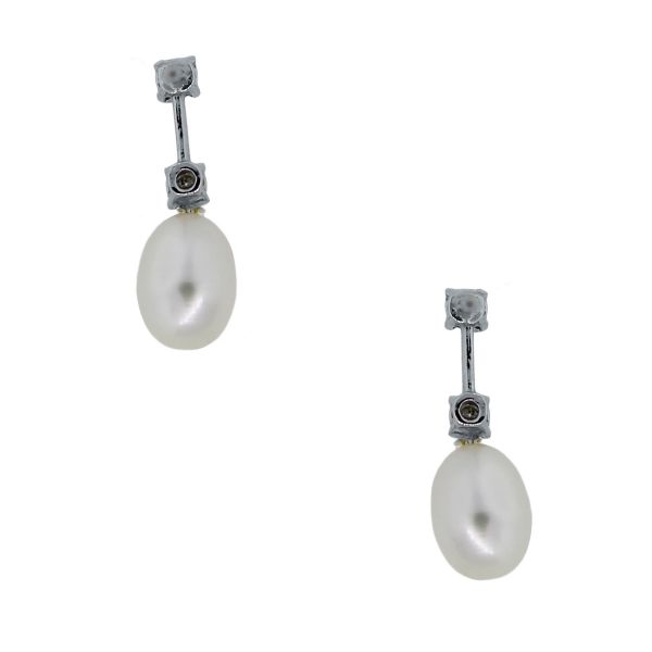 White Gold Diamond Pearl Drop Dangle Earrings