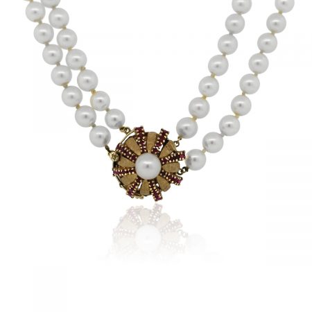 You are viewing this 14k Yellow Gold Double Pearl Strand Ruby Necklace!