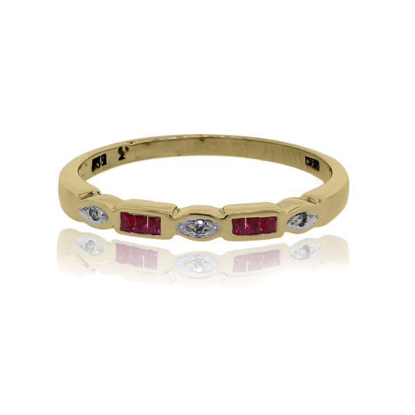 You are viewing this 14k Yellow Gold Diamond Ruby Band Ring!
