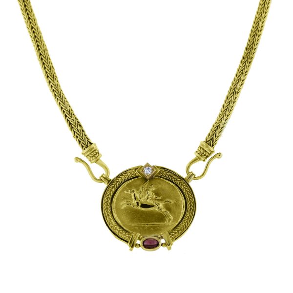 18k Yellow Gold Diamond Ruby Pendant Necklace