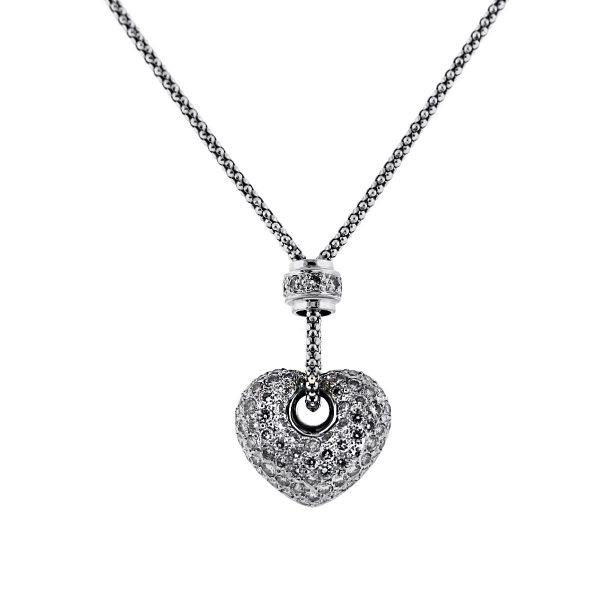 18k White Gold Puffy Diamond Heart Pendant Necklace