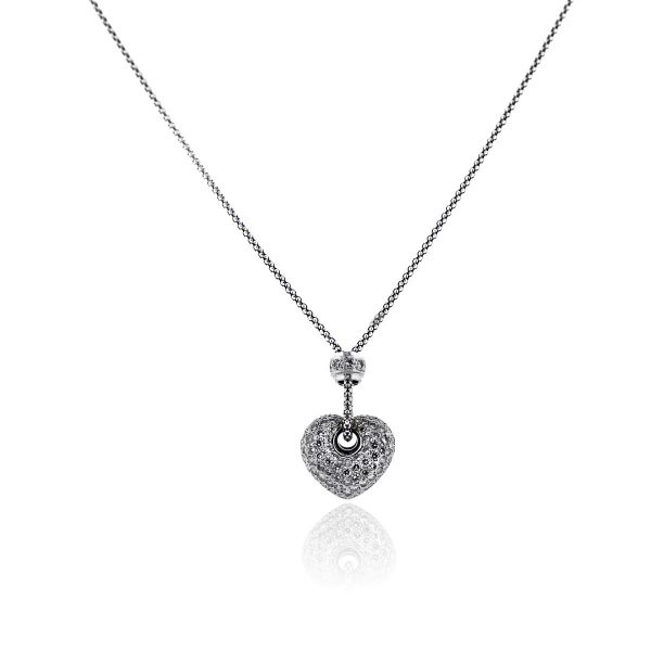 You are viewing this 18k White Gold Puffy Pave Diamond Heart Pendant Necklace!