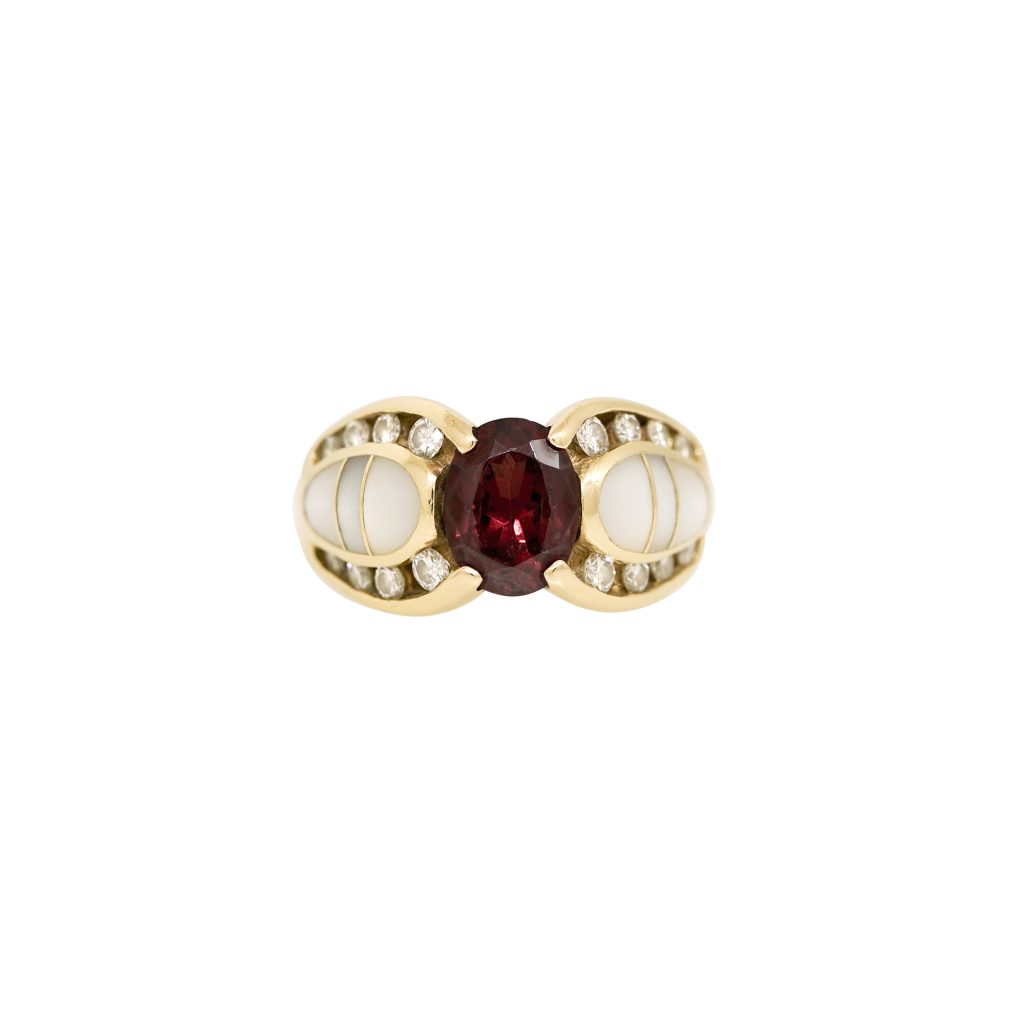 Kabana 14k Yellow Gold Garnet Mother of Pearl Diamond Ring