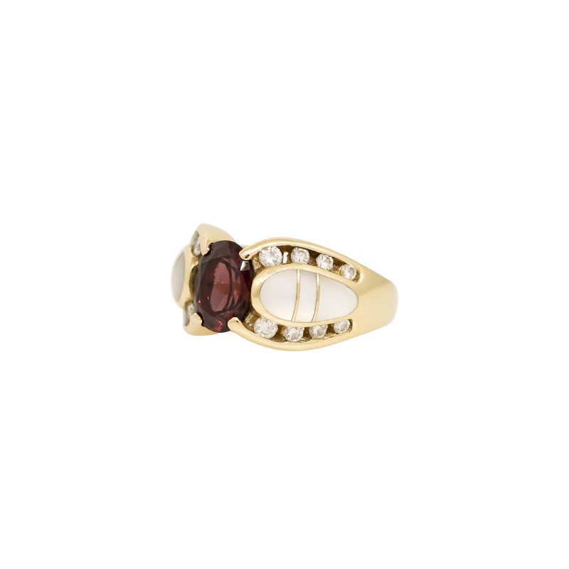 Kabana 14k Yellow Gold Garnet Mother of Pearl Diamond Ring