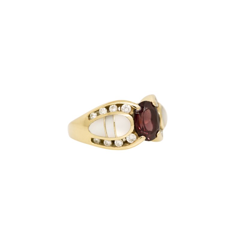 Kabana 14k Yellow Gold Garnet Mother of Pearl Diamond Ring