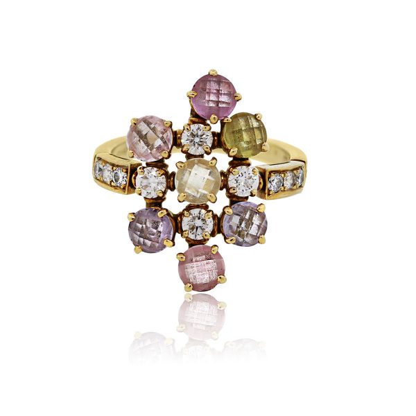 You are viewing this Bulgari 18k Yellow Gold Diamond Multi Sapphire Cluster Ring!