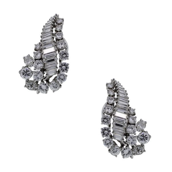 Platinum Round Brilliant Baguette Diamond Earrings