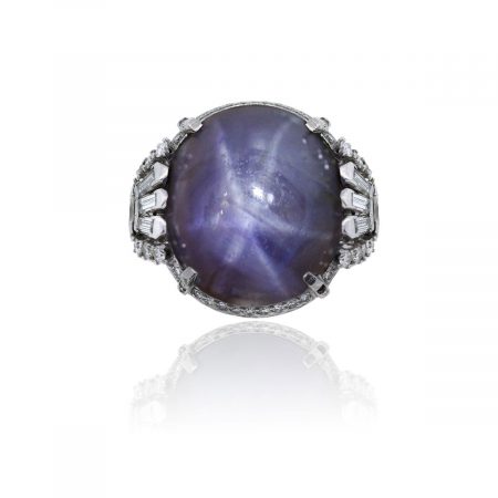 You are viewing this Platinum Cabochon 88ct Star Sapphire Diamond Cocktail Ring!