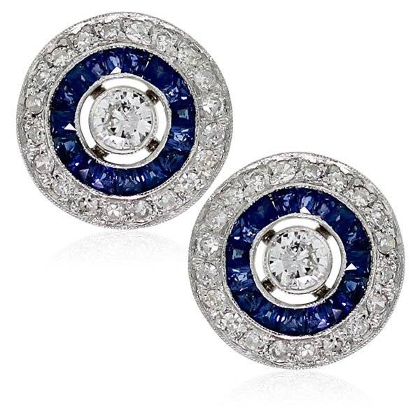 White gold art deco diamond and sapphire studs