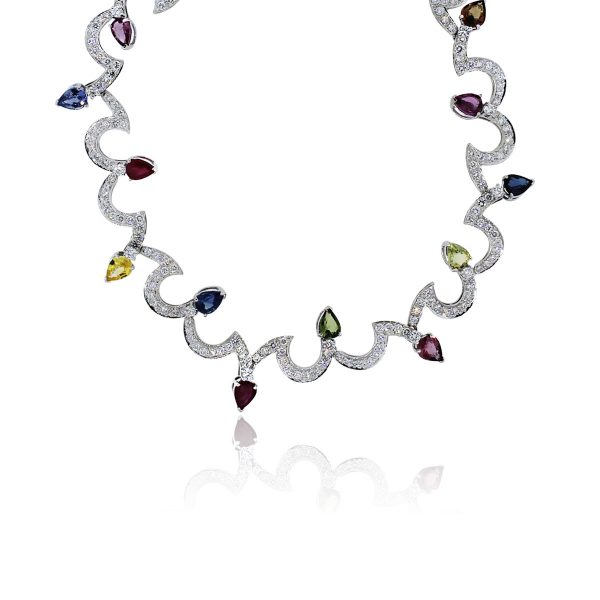 You are viewing this 18k White Gold Diamonds & Multi Color Sapphires Necklace!