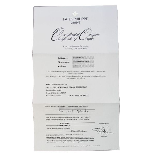 Patek Philippe Twenty 4 4910 Cream Dial Stainless Steel Watch receipt