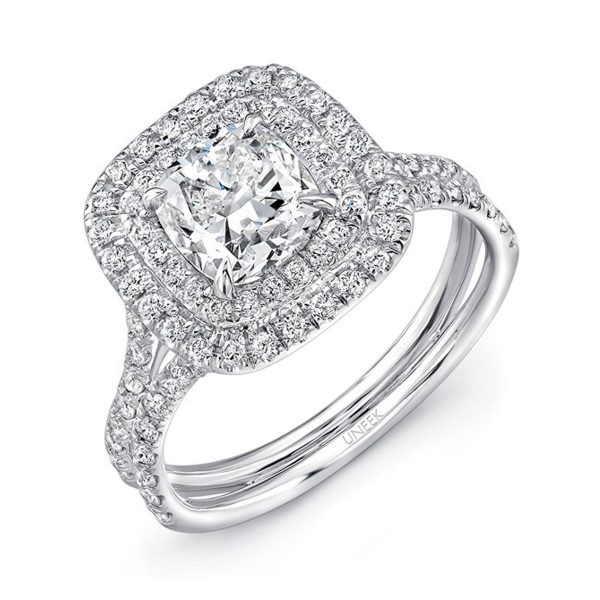 Uneek LVS914 0.65ctw Double Cushion Halo Engagement Ring