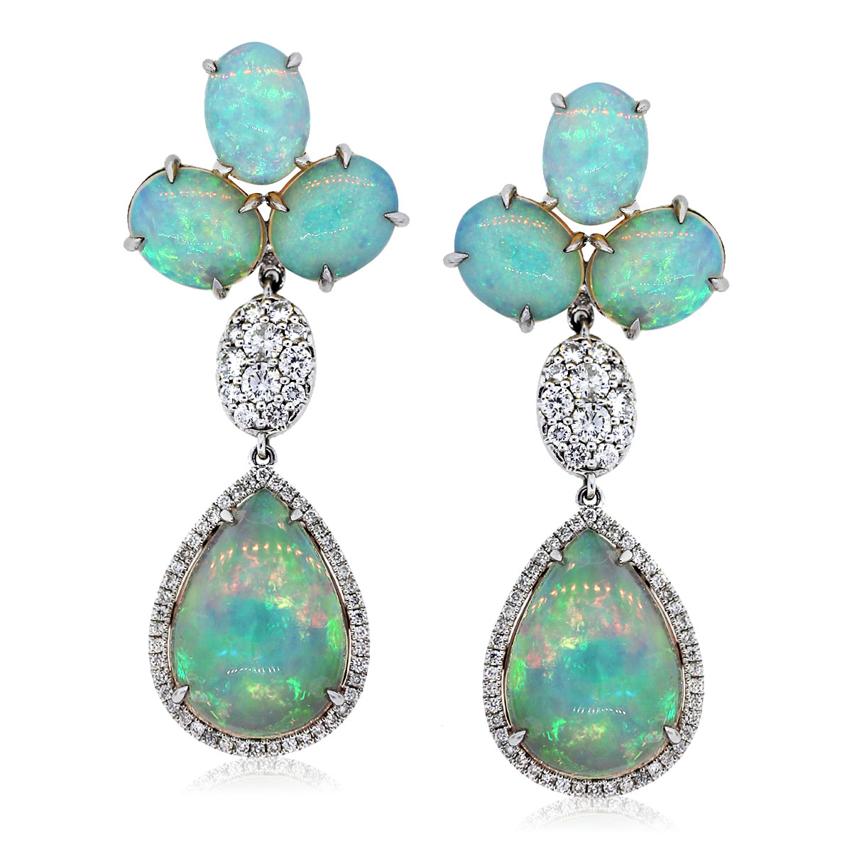 14k White Gold 31ct Cabochon Opals & Diamond Drop Dangle Earrings
