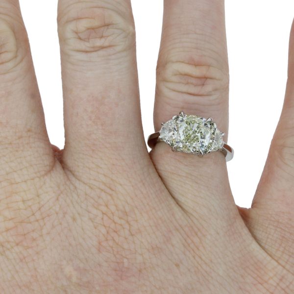 Platinum 4.02ct Cushion Cut Diamond Handmade Engagement Ring on hand