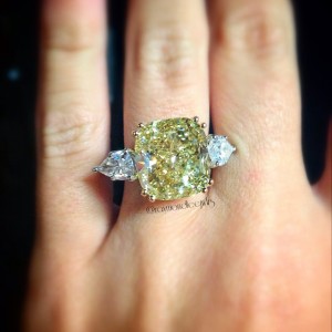 Fancy Yellow Cushion Cut Diamond with White Pear Shaped Diamond Engagement Ring